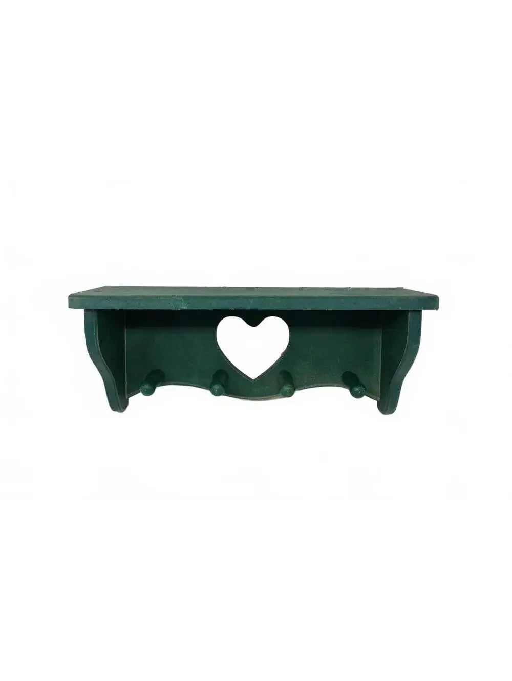 Vintage Green Heart Wall Shelf 4 Pegs Primitive Country Cottage Decor